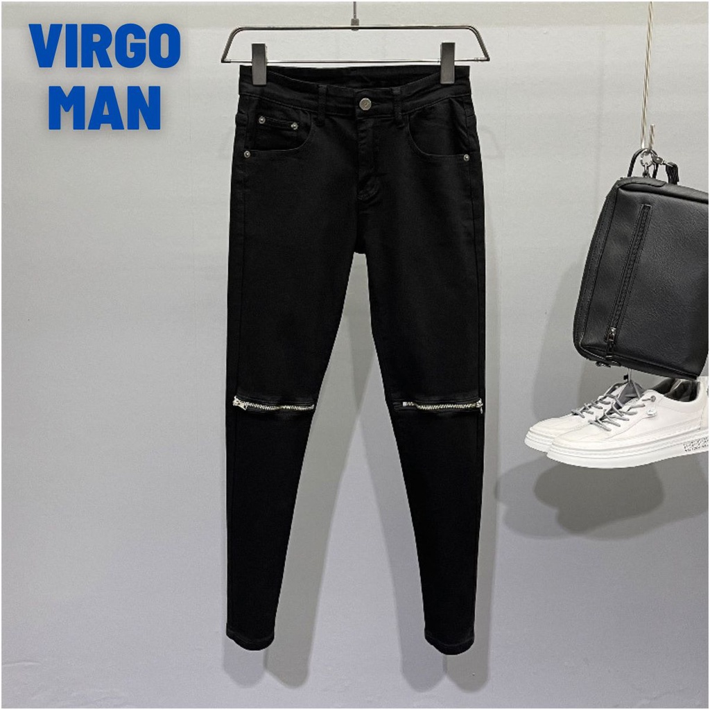 Quần Jean nam ống côn khóa kéo thời trang cá tính mới nhất-VIRGO MAN-Quần bò nam màu đen co giãn cao cấp không phai màu