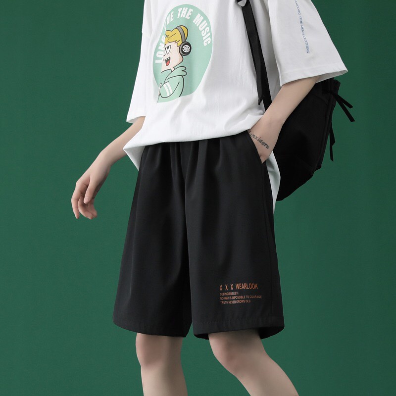 Quần đùi thể thao dây rút in chữ trẻ trung, quần ngắn chất Cotton form rộng thoải mái cho nam DR02