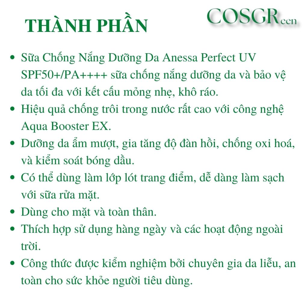 Chống Nắng Anessa Dưỡng Da Kiềm Dầu 60ml Perfect UV Sunscreen Skincare Milk N SPF50+ PA++++