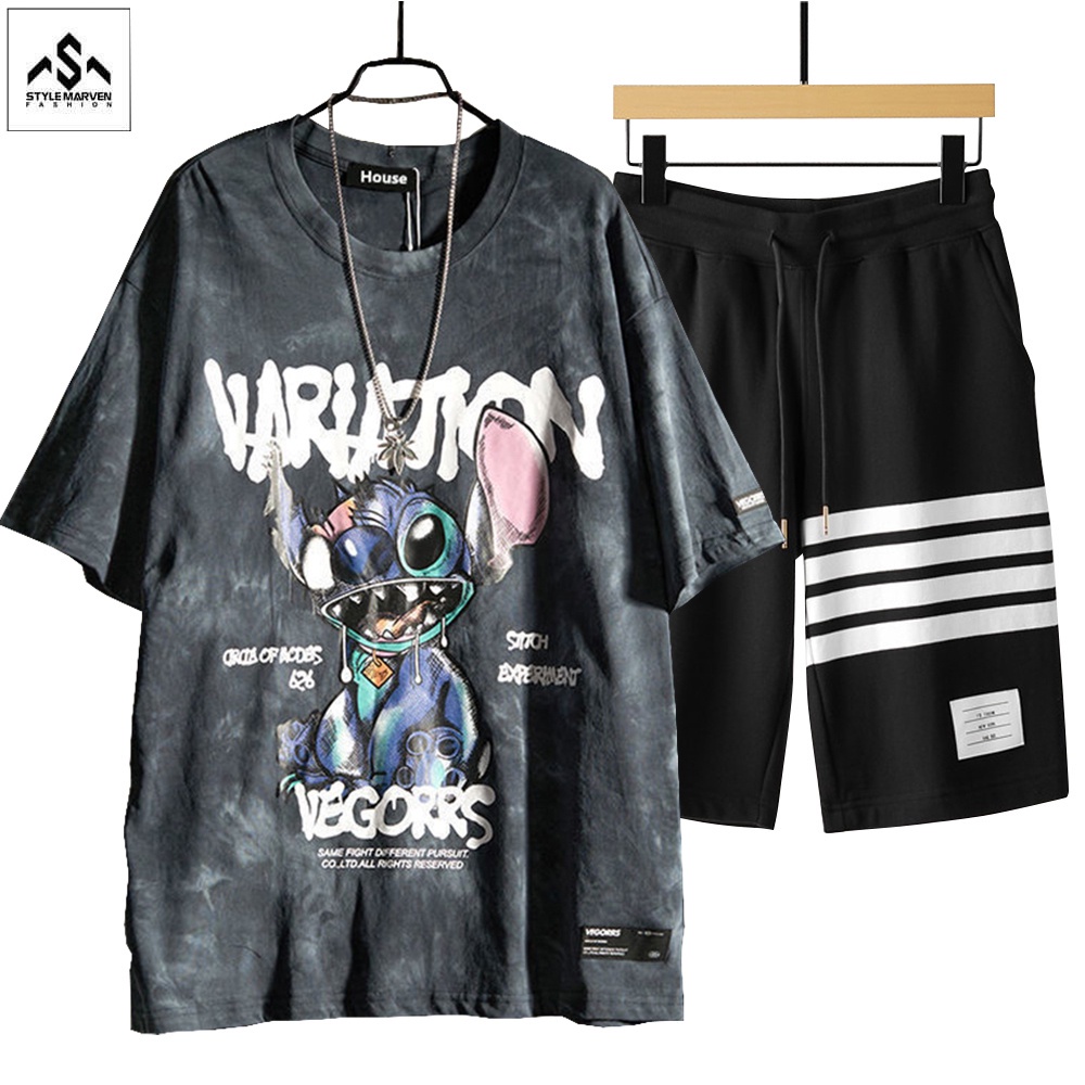 COMBO Áo Thun In Loang Màu Kết Hợp Shorts Thể Thao HOT TREND 2023 STYLE MARVEN - TOP 182C + SHORT 16C B
