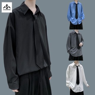 Mẫu mới nhất áo somi dài tay unisex trơn tặng kèm cravat dáng rộng cá tính stylemarven ao so mi nam 9000020c
