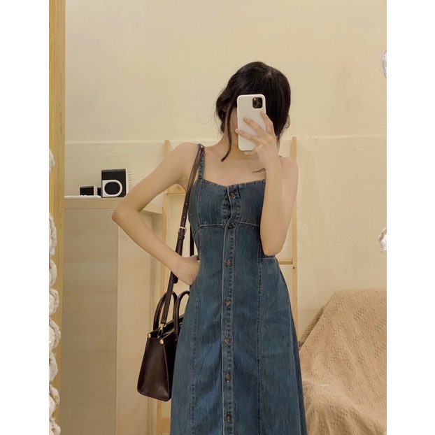 Đầm jean hai dây dáng dài dáng chữ a - D242