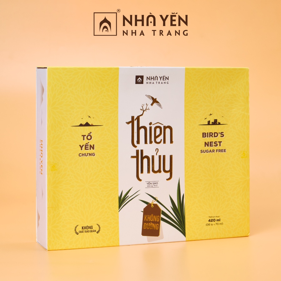 Nước yến chưng đường phèn Thiên Thủy - Vị lá dứa - Loại không đường - Hộp 6 lọ 70ml - Nhà Yến Nha Trang