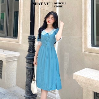 Váy Công Sở NHẬT VY Dáng Xoè Chiết Eo Nhún Ngực Cổ Phối Ren Tay Lửng Chất Lụa Xước Màu Xanh Biển, Trắng   - D2321
