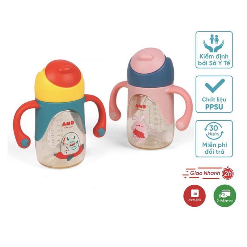 - BÌNH TẬP UỐNG NƯỚC AMOBABY PPSU 240ml - CÓ HAI TAY CẦM TIỆN LỢI - ĐẦU ỐNG HÚT SILICON SIÊU MỀM