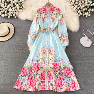 [Order] Đần dài tay cổ sơ mi họa tiết hoa nhí phong cách retro thanh lịch kèm thắt lưng
