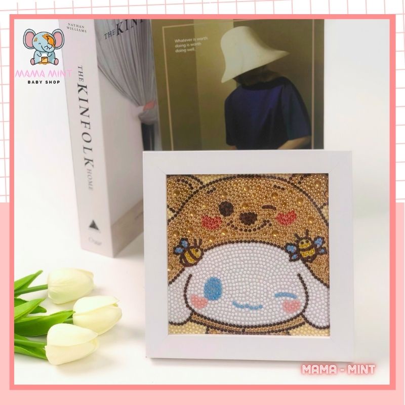 Tranh đính đá mini 5D DIY thỏ trắng đội nón cute, tranh đính đá cho bé tự làm có khung