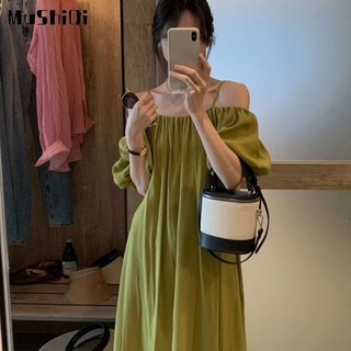 Đầm Maxi Trễ Vai Dáng Chữ A Màu Xanh Lá Phong Cách Pháp Thời Trang Cho Nữ