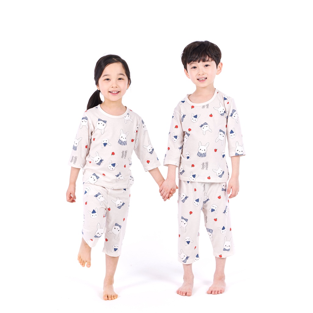 Bộ pijama lửng 100% cotton cho bé trai/ bé gái Apple Rabbit - Olomimi Hàn Quốc