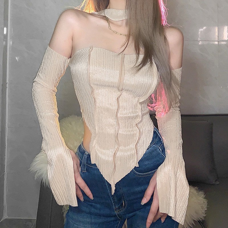 Áo thun nữ đi chơi tay dài trễ vai chất thun xốp mềm dáng ngắn phối dây choàng cổ kiểu tà nhọn xinh hot