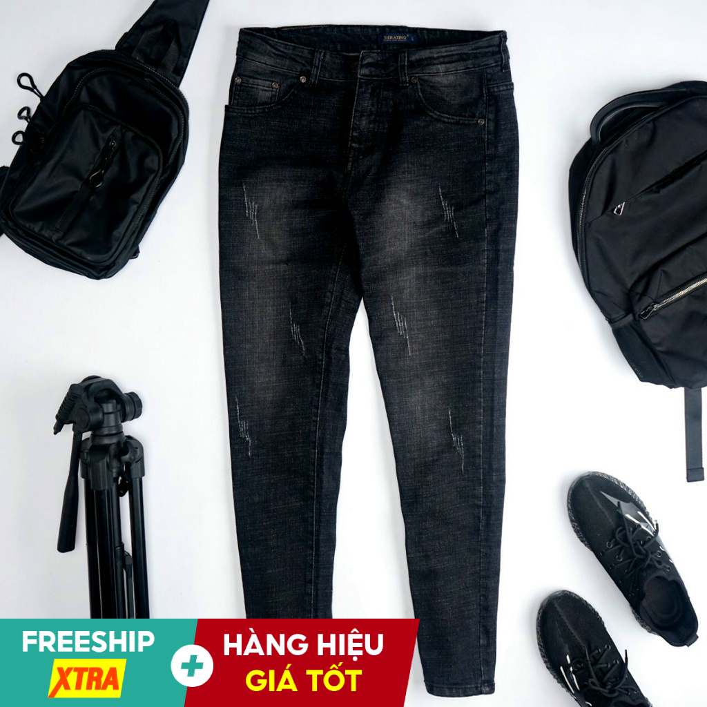 Quần Jean Nam Ống Côn Form Regular Màu Đen Xước Co Dãn Thoải Mái
