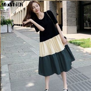 Đầm thun dài MUSHIQI dáng rộng màu tương phản phong cách Hàn Quốc thời trang mùa hè cho nữ