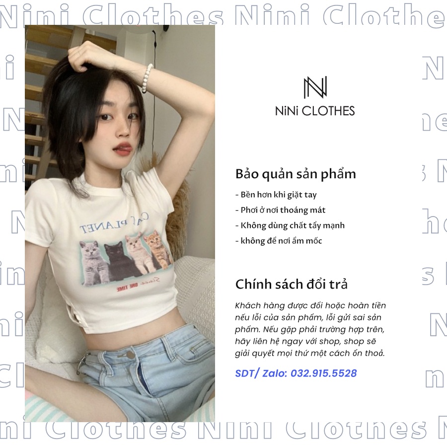 Áo croptop thun nữ tay ngắn hoạ tiết chú mèo màu trắng mỏng mùa hè áo croptop ôm eo hình mèo