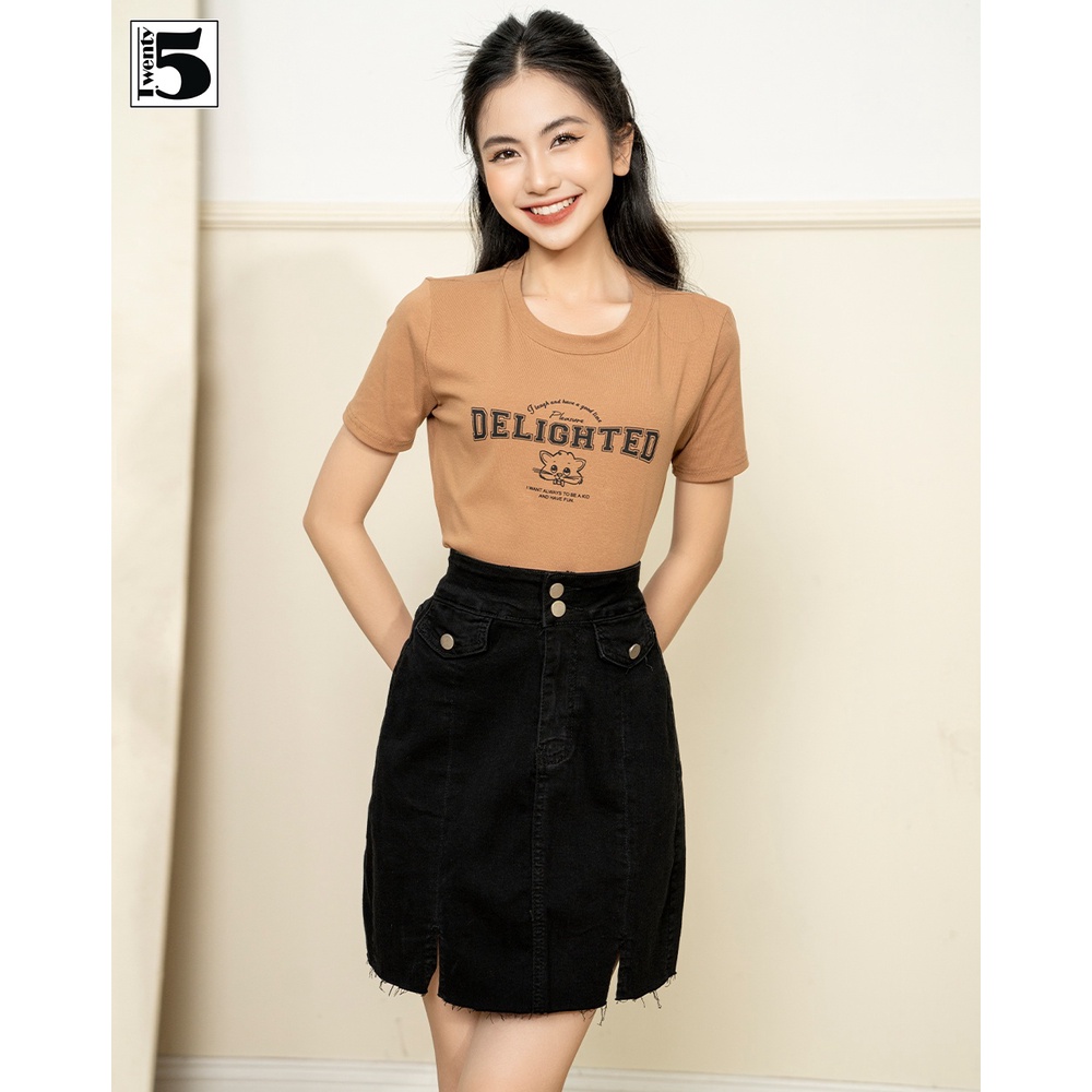 Chân váy jeans chữ A ngắn xẻ đùi cạp 2 cúc co dãn gấu cắt tua rua Twentyfive 4533