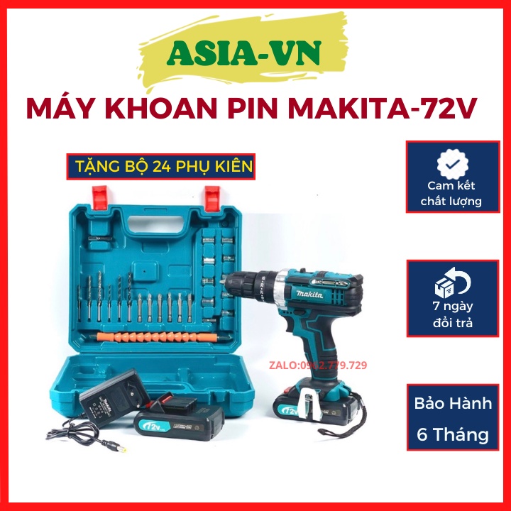 Máy khoan pin, Máy khoan pin Makita 72v, máy khoan cầm tay 3 chức năng tặng kèm bộ phụ kiện 24 chi tiết