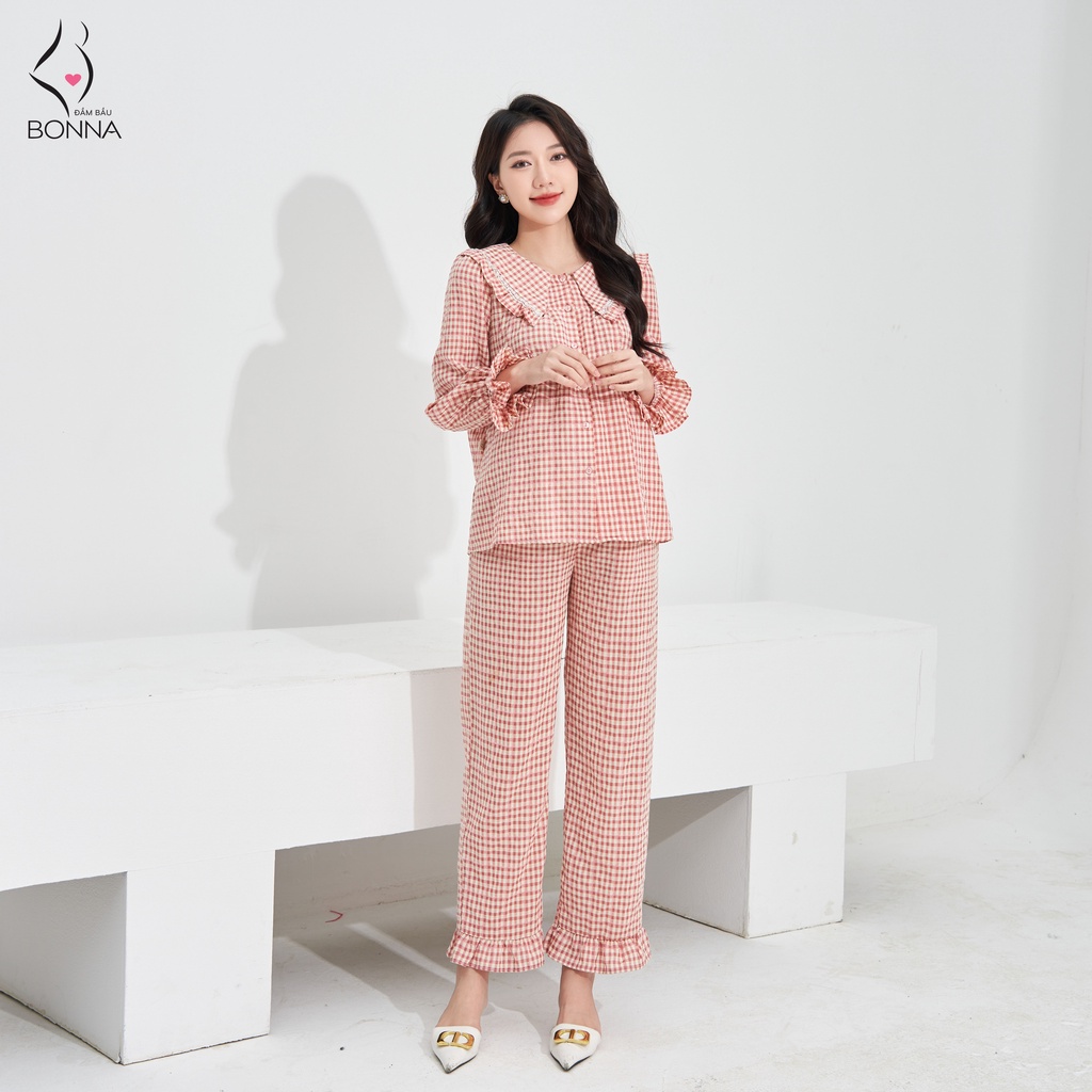 Đồ bộ bầu BONNA - B066 thiết kế chất đũi mềm mại, dáng pyjama, quần có chun điều chỉnh thoải mái, họa tiết kẻ sang trọn