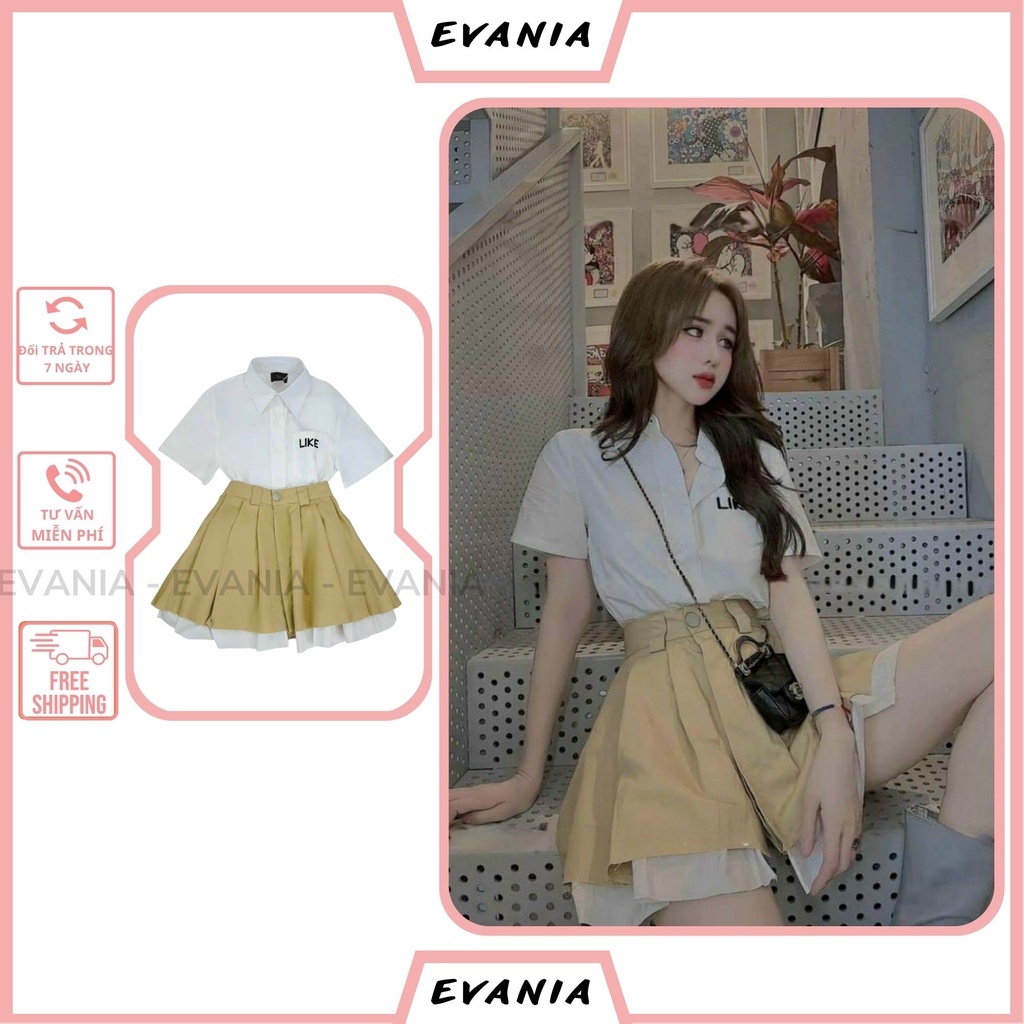set sơ mi chân váy EVANIA set chân váy áo croptop chất vải thô+chéo thái, set áo kèm chân váy KS2