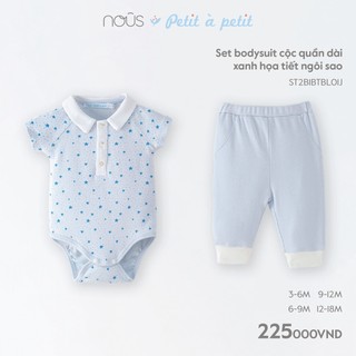 Bộ quần áo cộc liền thân Nous màu xanh, trắng chất liệu Nu Petit mềm nhẹ (Size Từ 0-3 Tháng Đến 12-18 Tháng)