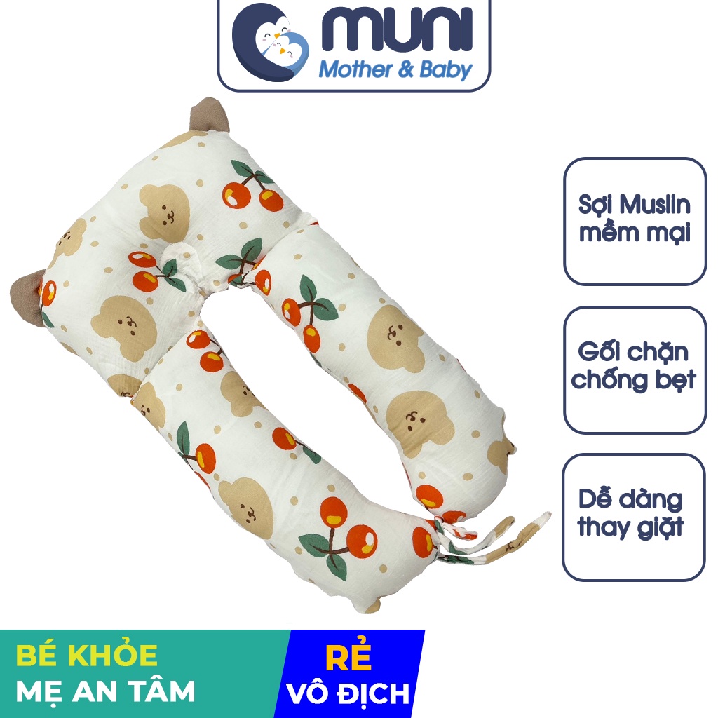Gối Chữ U Cho Bé, Gối Cho Bé Vừa Làm Gối Ngủ, Gối Chống Giật Mình Sơ Sinh, Gối Chặn Xô Muslin Chống Bẹt Đầu Muni