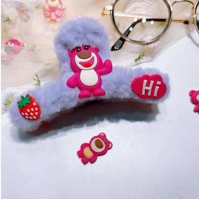 Kẹp Tóc Hình Gấu Dâu Tây Phủ Lông Phong Cách Hàn Quốc Xinh Xắn Hot Trend/