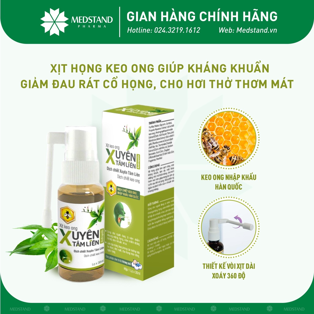 Xịt họng keo ong sạch khoang miệng, khử mùi hôi, hơi thở thơm mát mang lại tự tin MEDSTAND Xuyên Tâm Liên (Lọ 30ml)
