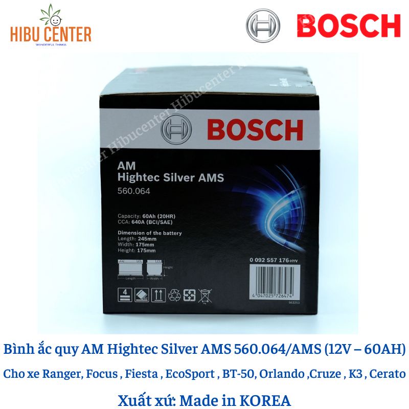 Bình ắc quy BOSCH AM Hightec Silver AMS 560.064/AMS (12V – 60AH) | Dùng cho xe Ranger, Focus, EcoSport, Cerato, K3 ...