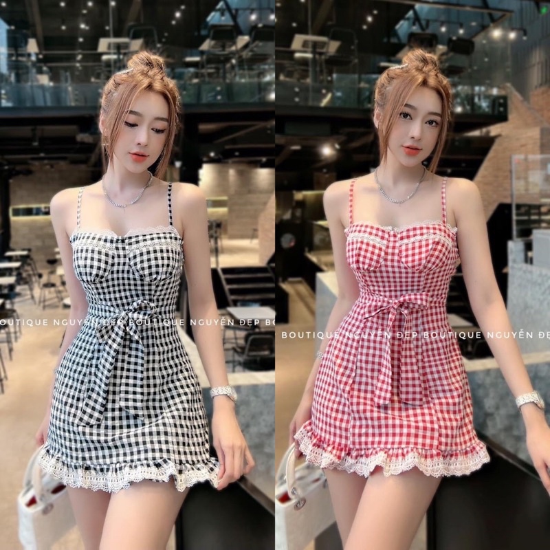 ĐẦM HAI DÂY CÚP NGỰC DÁNG NGẮN XOÈ VIỀN REN HOẠ TIẾT CARO SEXY