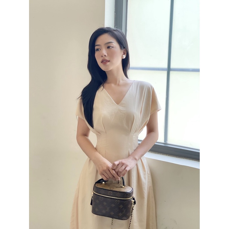 Đầm Midi cổ V thiết kế chiết eo sang trọng thanh lịch 2 lớp - Nude