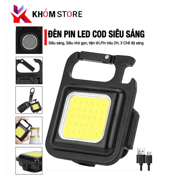 Đèn Pin Led Mini Siêu Sáng COB -Đèn Pin Móc Khóa Có Thể Sạc Lại Dùng Mở Nắp Chai Đa Năng ,Tích điệ và Nhấp Nháy -