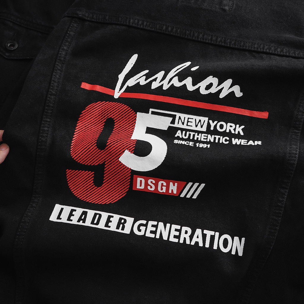 Áo khoác jean nam đen in hình 95, áo bò nam dáng ôm cao cấp co giãn Okman