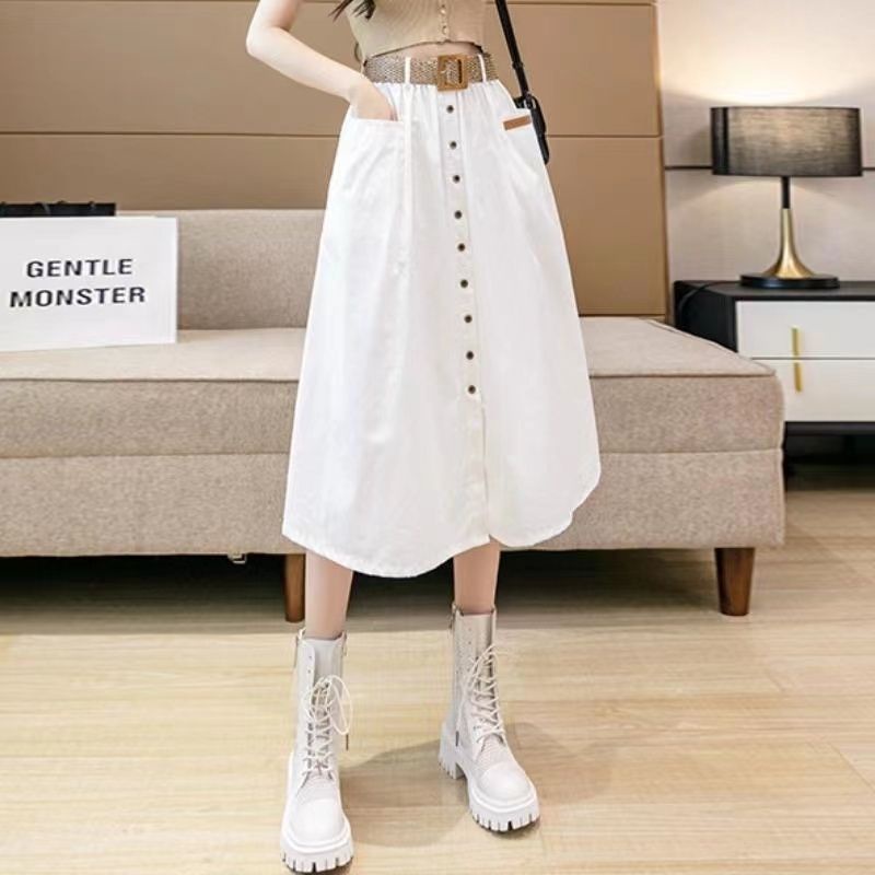 Chân Váy Cotton Dáng Chữ A Lưng Thun Cao Xẻ Tà Có Túi Lớn Màu Trơn Thời Trang