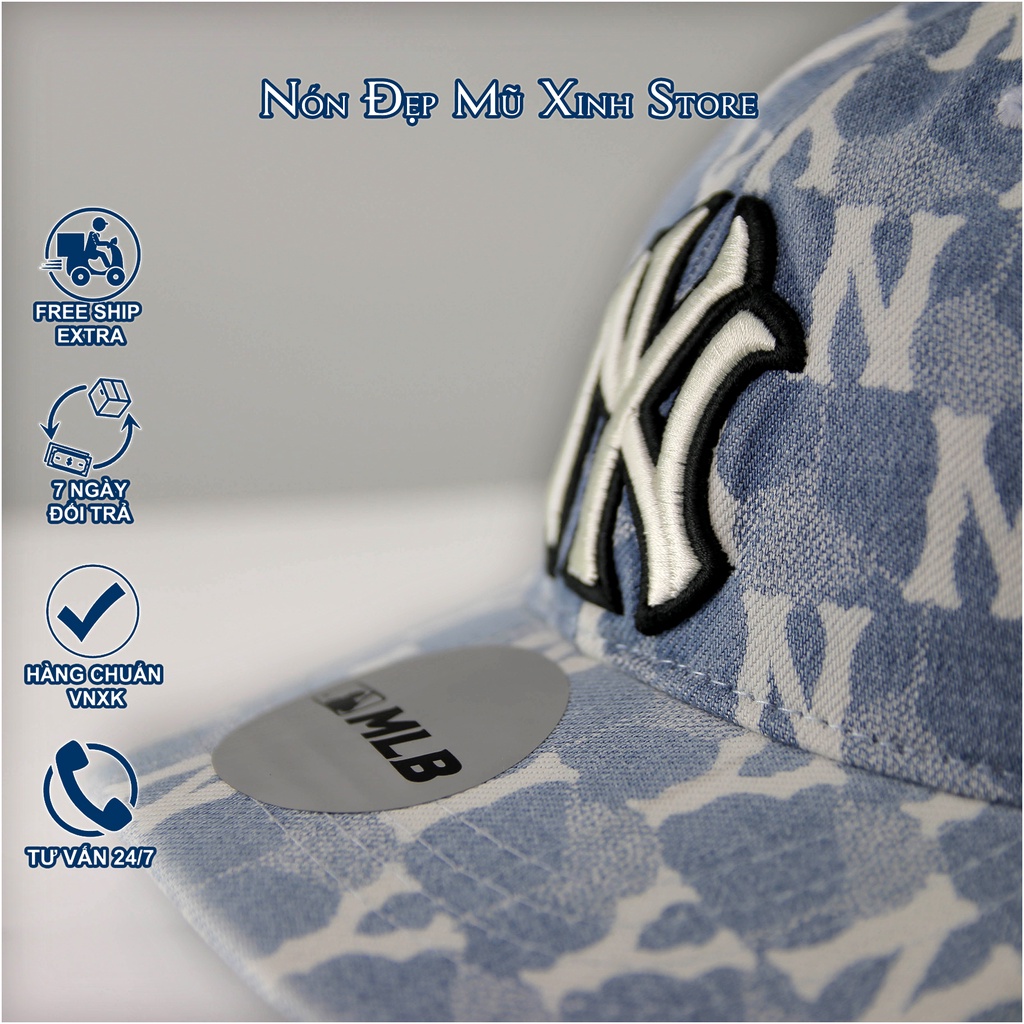 NÓN LƯỠI TRAI & Bucket MLB JEAN WAX KOREA , chất vải jean xanh phối monogram trắng, thời trang chính hãng cao cấp