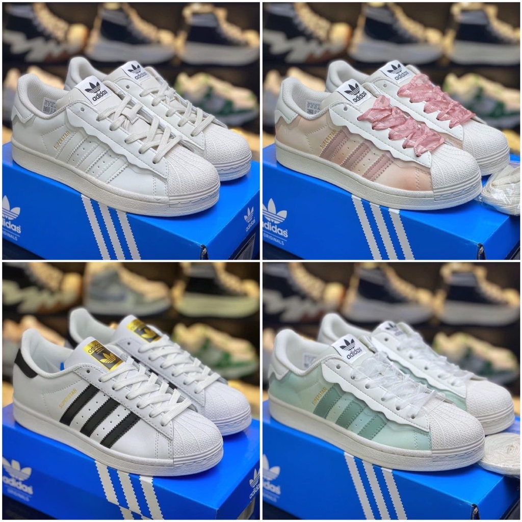 Giày thể thao adidas superstar màu kem trắng, giầy das sò 3 sọc hồng, xanh nữ cực chất hot trend 2022 [ tặng dây ]