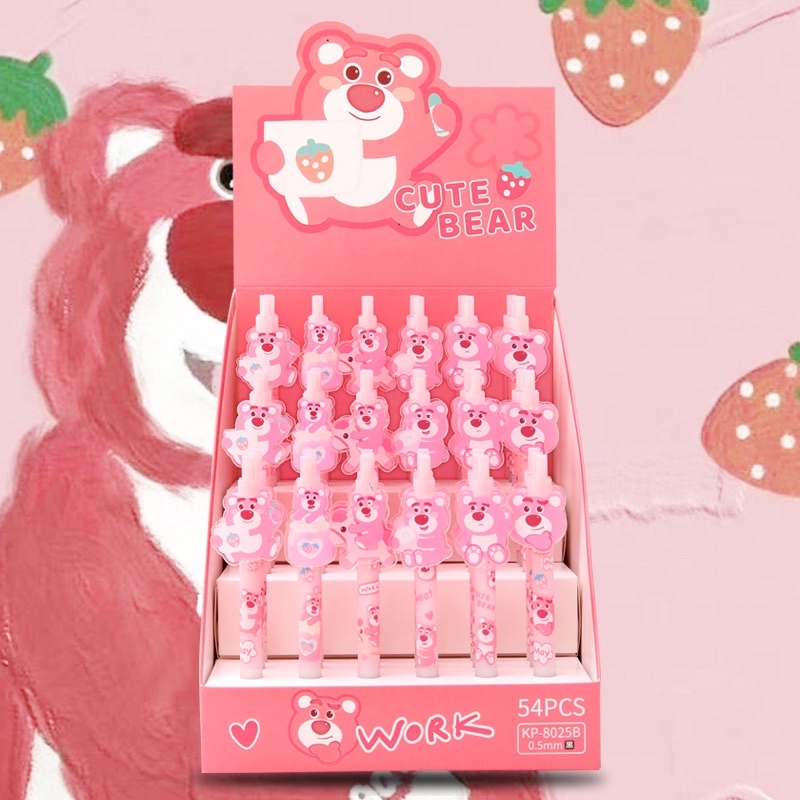 Viết mực dễ thương hình gấu dâu Lotso Hồng Nhạt cho học sinh, sunh viên - Bút mực gel màu đen Gấu hồng Losto ngòi 0.5mm