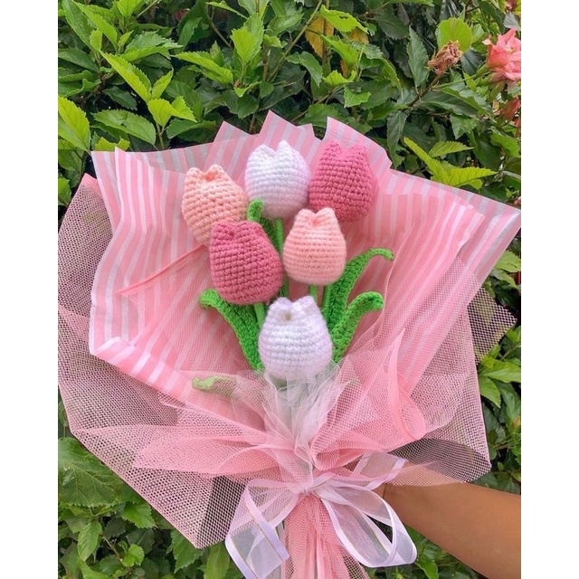 Hoa Tulip hồng bằng Len - August's Flowers- Quà tặng handmade