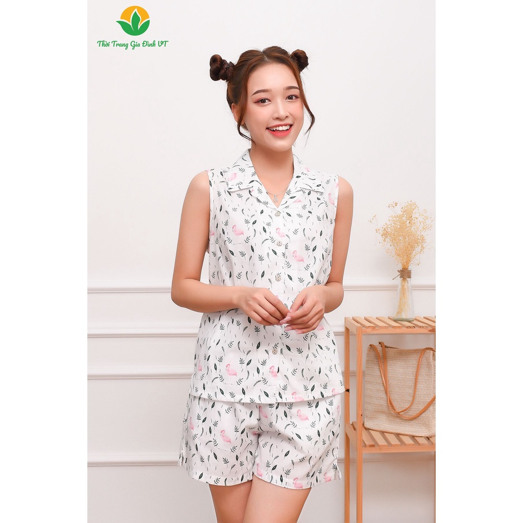 Bộ đồ quần đùi áo sát nách nữ Việt Thắng chất cotton thô họa tiết B42.2205