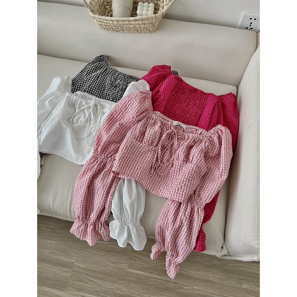 Áo Croptop Trễ Vai Bo Tay Kẻ Caro Thắt Nơ Nhiều Màu Ulzzang