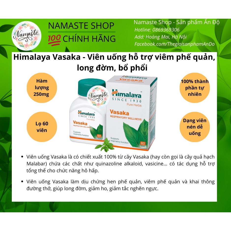 Himalaya Vasaka tablets 250mg - Viên uống hỗ trợ viêm phế quản, long đờm, bổ phổi