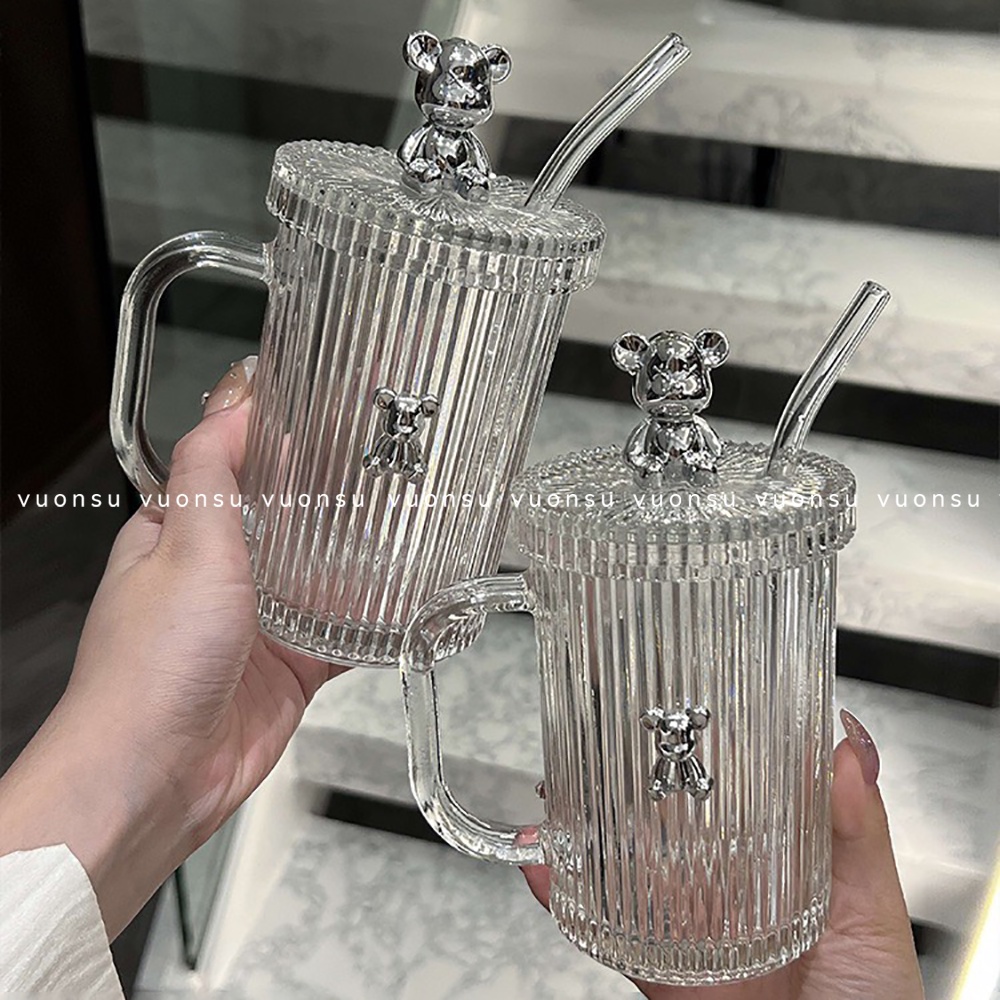 Cốc thủy tinh có nắp đính gấu và ống hút, ly thủy tinh chịu nhiệt cho gia đình - VS410