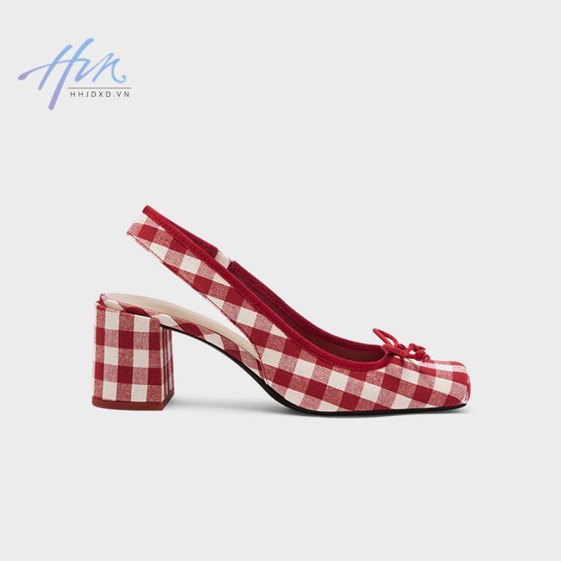 Giày Sandal Gót Dày Mũi Vuông Đính Nơ Sọc Ca Rô Thời Trang Xuân Hè 2023 Cho Nữ