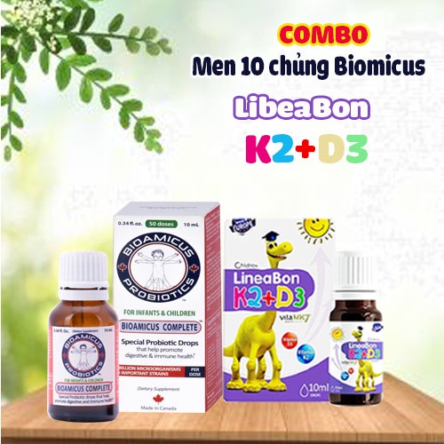 Combo LineaBon K2+D3 bổ sung vitamin k2d3 cho bé và men 10 chủng BioAmicus bổ sung lợi khuẩn đường ruottj cho bé