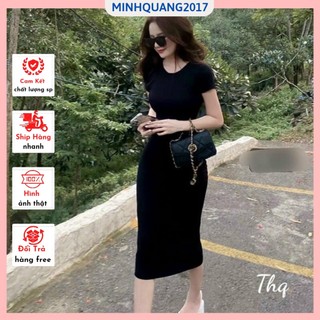 Đầm Body Cộc Tay Cổ Tròn Xẻ tà Ôm Body Sang Chảnh Co Giãn 4 Chiều