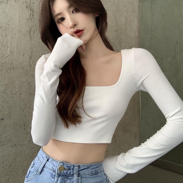 Áo Cổ Vuông Croptop Dài Tay Vải Thun Bozip Madela Tôn Dáng, Croptop Tay Dài Cổ Vuông Phong Cách Hàn Quốc