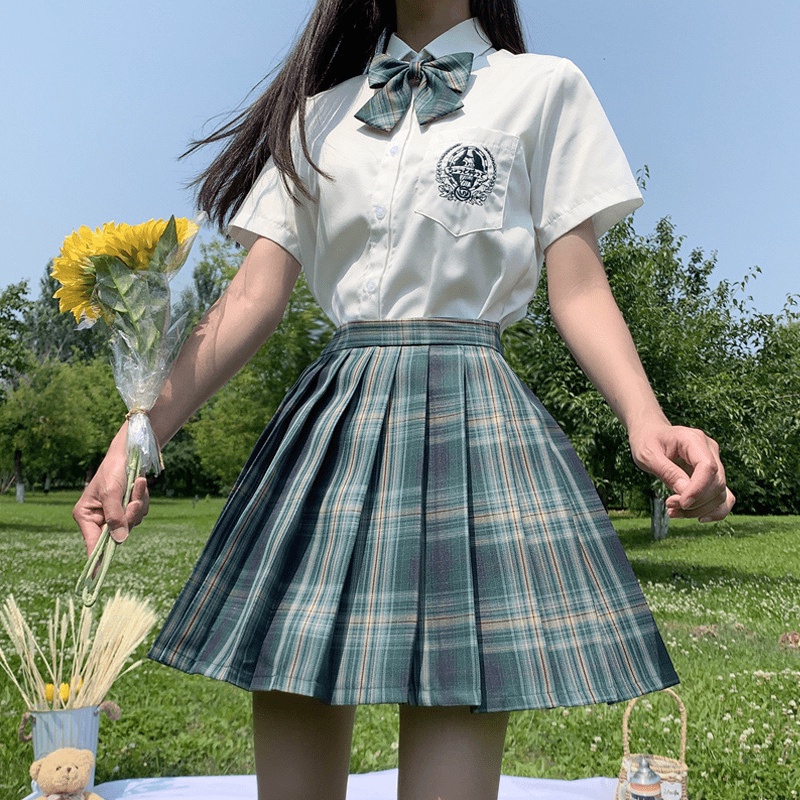 Set Váy nữ sinh Nhật Bản màu caro xanh lá cây