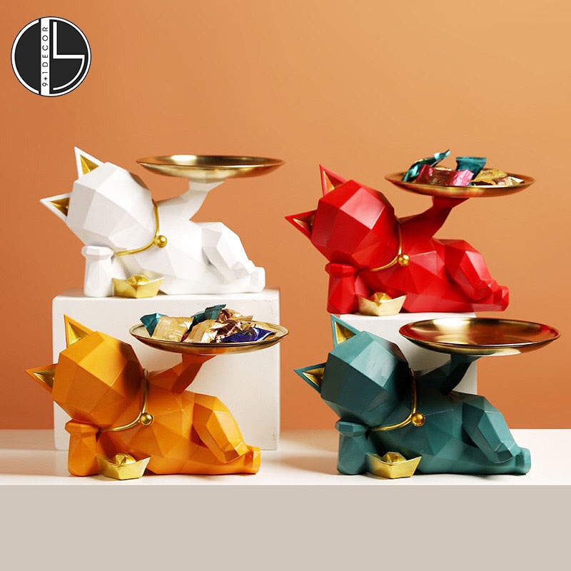 Tượng Mèo thần tài hình học bưng đĩa phong cách Bắc Âu sang trọng trang trí để bàn