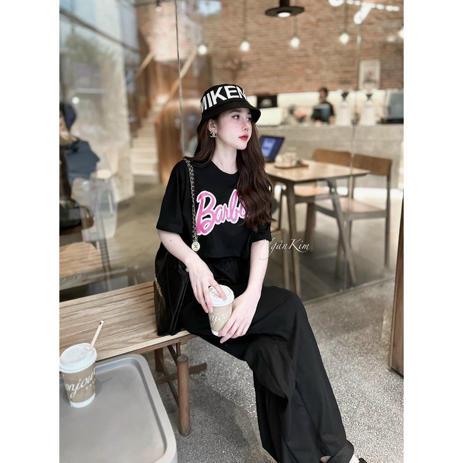 [4.4 Sales Freeship] Set bộ thun thể thao, set áo croptop tay ngắn in chữ babrie  mix quần dài ống suông rộng cá tính