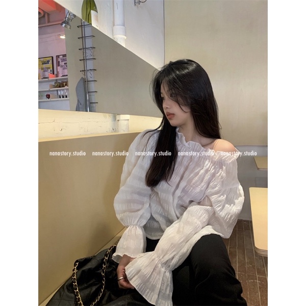 NANASTORY•ÁO KIỂU CỔ NHÚN MÀU TRẮNG TAY BÈO CHO NỮ