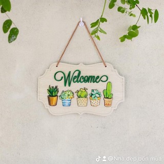 Bảng gỗ treo trang trí welcome vườn cây xương rồng màu xanh đẹp mắt tặng kèm móc dán trong suốt