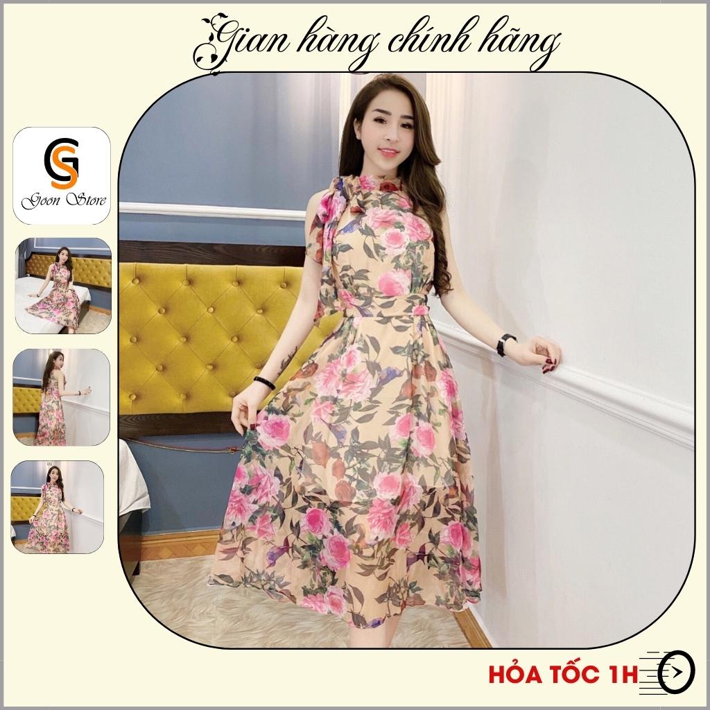 Đầm xòe nữ dáng dài, thiết kế họa tiết hoa hồng thanh lịch, sang trọng