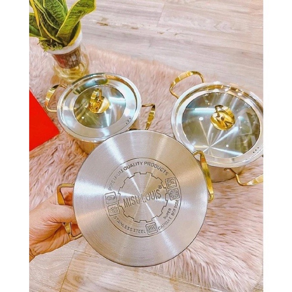Bộ Nồi 3 Món Inox 304 Cao Cấp MISU LOUIS 18CM-20CM-22CM Chính Hãng, Đáy Liền Nguyên Khối 3 Đáy, tay cầm cách nhiệt an to